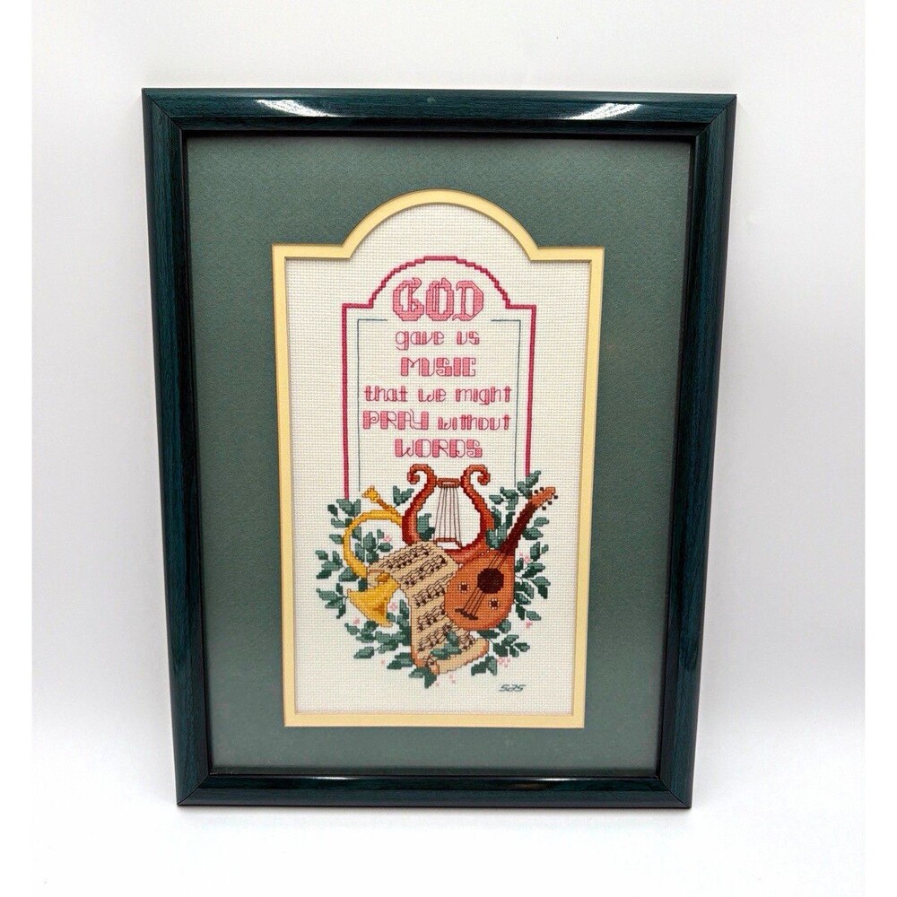 Vintage Framed Finished Cross Stitch "God Gave Us Music" Wall Art 13x17.5